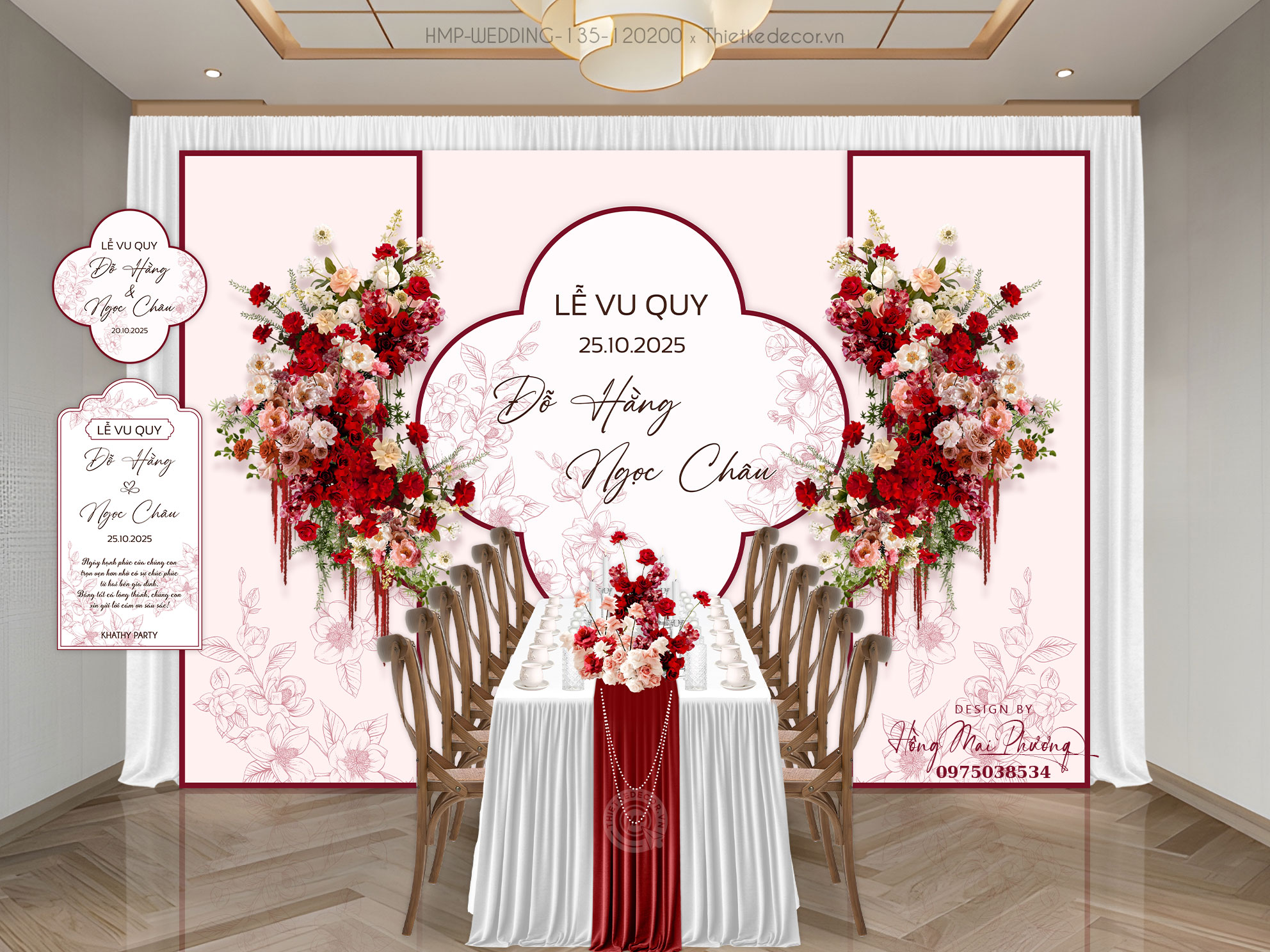 File thiết kế Gia tiên, trang trí tiệc cưới đẹp tone kem họa tiết cành đào đỏ